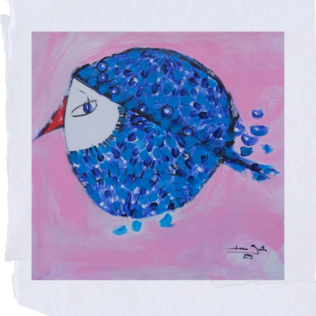 Mosaico Azul Medi, an imaginary bird from the Birds of Beirut series by Japanese-Brazilian artist Jeane Satie, created after the Beirut port explosion, with feathers made from shards transformed into Mediterranean mosaic in deep blues