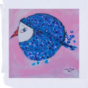 Mosaico Azul Medi — pássaro simbólico da série Pássaros de Beirute, criado por Jeane Satie após a explosão do porto de Beirute. Arte em acrílico com fragmentos azuis que lembram o Mediterrâneo.