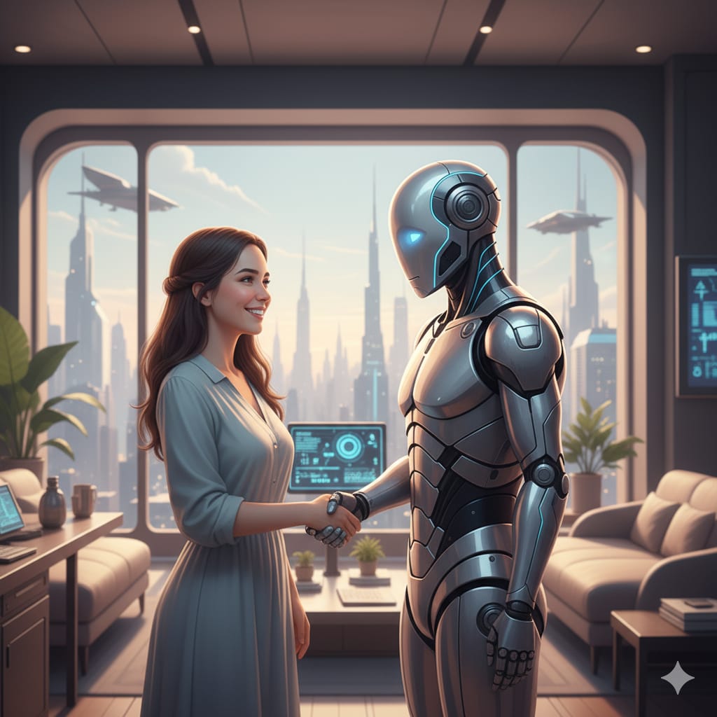 Ilustração em estilo suave e poético: uma artista mulher, de cabelos pretos e mãos manchadas de tinta acrílica, aperta a mão de um robô estilizado, com formas arredondadas e luz dourada nos olhos. Ao fundo, uma loja online minimalista se forma com pôsteres, totes e a bandeira Fairouz. Representa a colaboração entre arte analógica e inteligência artificial — não como substituição, mas como extensão do ato criativo. Ideal para temas como "tecnologia e arte", "criação consciente", "artista no mundo digital".