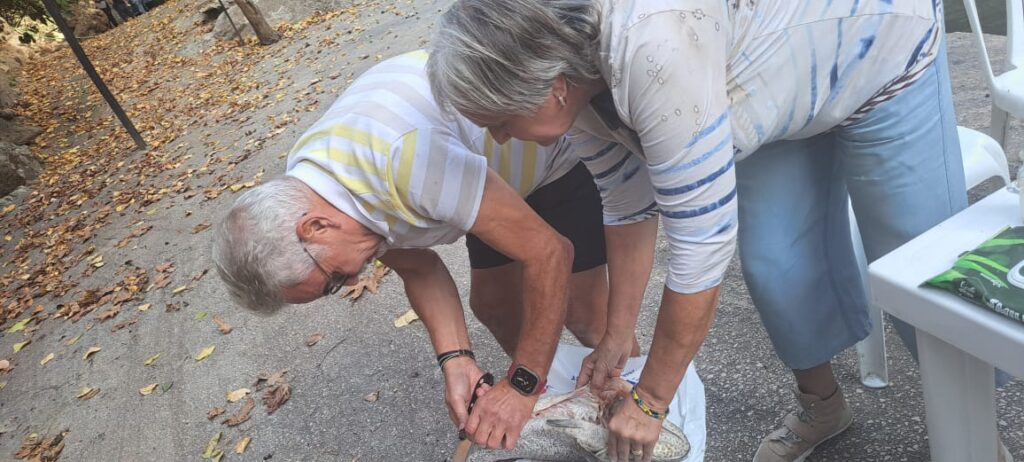 Casal alemão preparando peixe fresco para churrasco durante piquenique às margens do Rio Ibrahim no Líbano