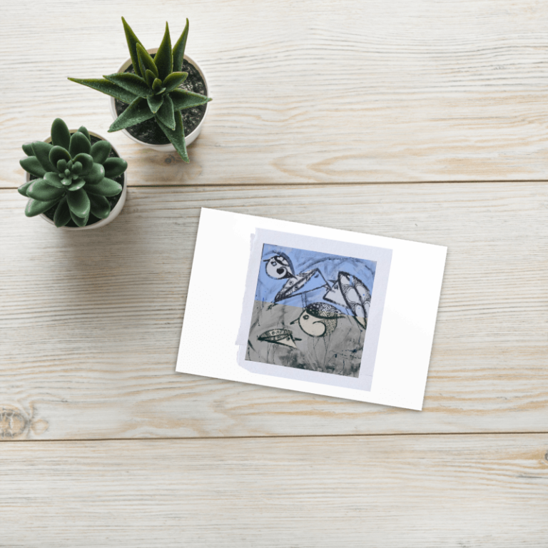Beirut Birds postcard featuring photomontage artwork in original color and grayscale versions