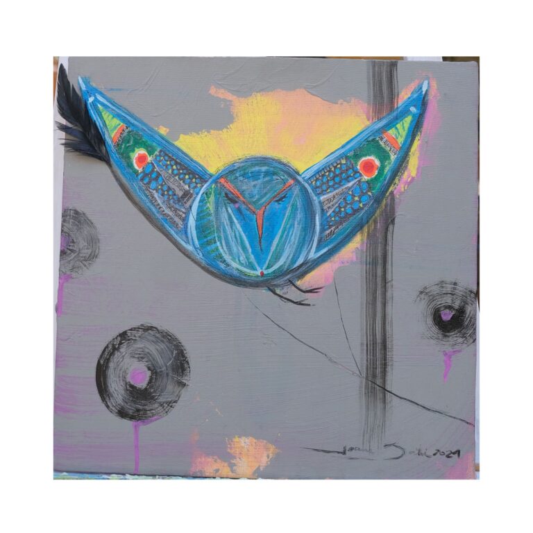 A mixed media painting of a stylized, textured bird in full flight. The piece features layers of acrylic paint and oil pastel in vibrant, earthy tones, with a real feather adhered to the wing. The bird is flying upward, leaving behind a visual trail of smoke, rubble, and explosions in shades of gray and black. The background is dynamic, representing reconstruction through flight.